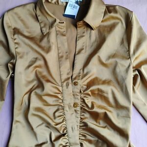 Gold Satin Button-Up Blouse